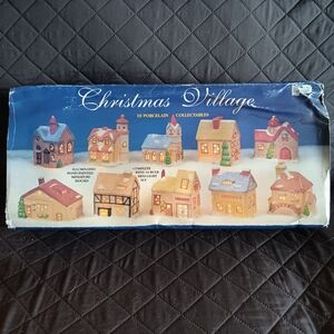 Vintage 1990's Miniature Porcelain Lighted Christmas 10 Village Houses Set